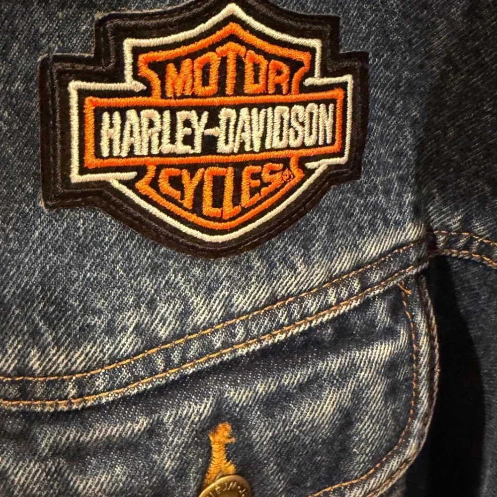 Vtg 90s Wrangler Denim‎ Jacket Blue Classic Fit With Harley Davidson Patches 2XL